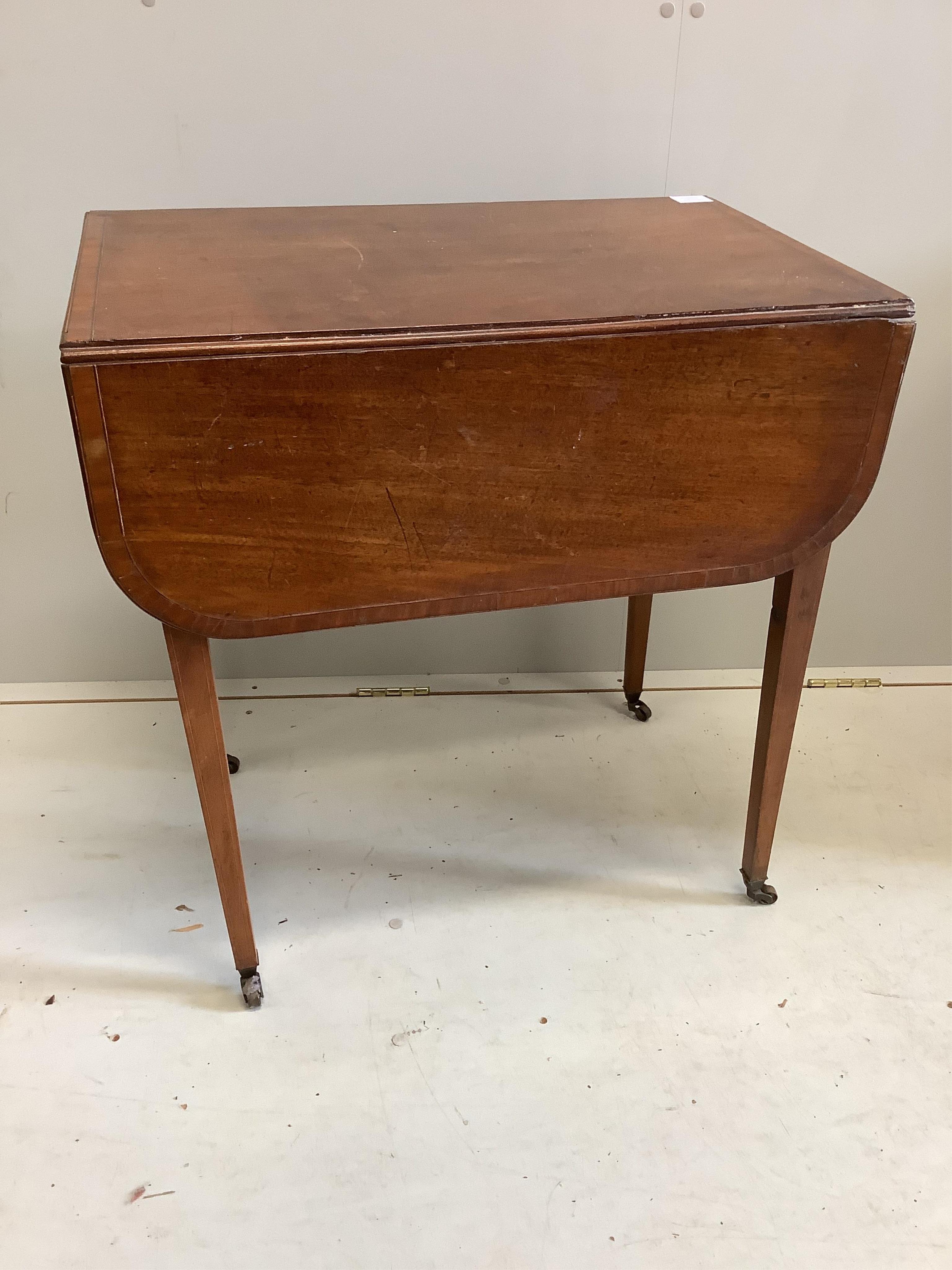 A George III satinwood banded mahogany Pembroke table, width 68cm, depth 44cm, height 72cm. Condition - poor